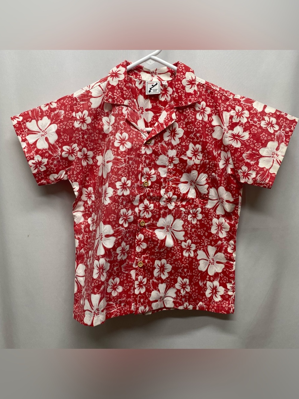 Okinawa boys vintage Hawaiian shirt 7-8 red button floral short sleeve beach